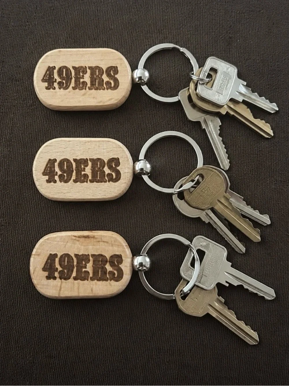 Set of 3 Handmade Natural Wood 49ERS Keychain - Neutral Wood